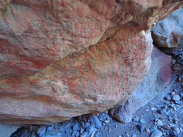 Boulder-filled canyon with a tall palm tree and towering cliffs near Loreto