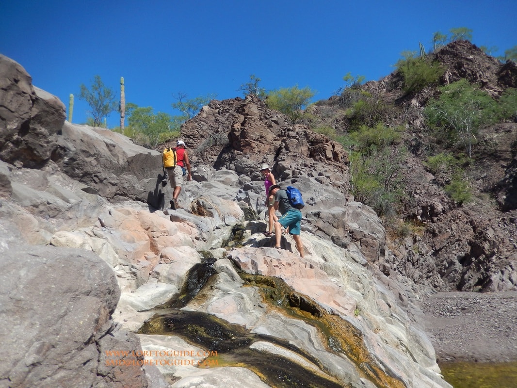 Three hikers wading through a stunning red and white slot canyon stream near Loreto