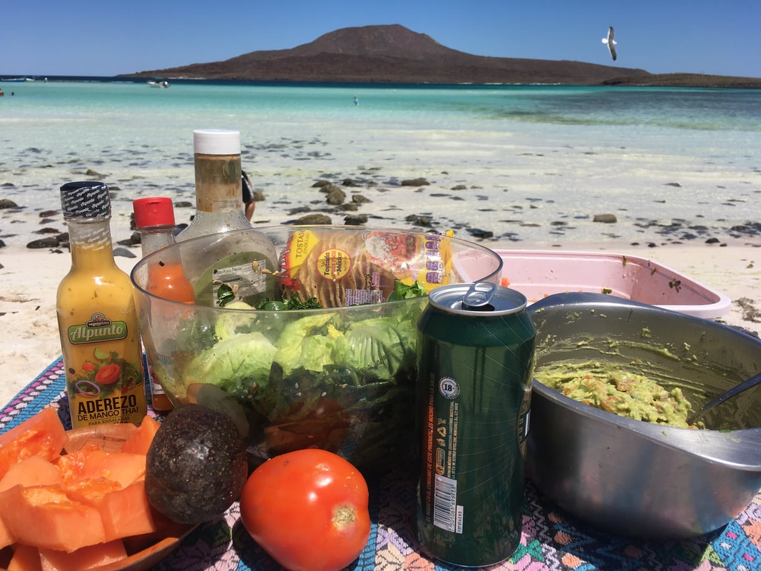 Fresh beach picnic spread with salad, guacamole, papaya, avocado and cold drinks on a blanket with a turquoise lagoon and volcanic island behind on a Loreto island tour