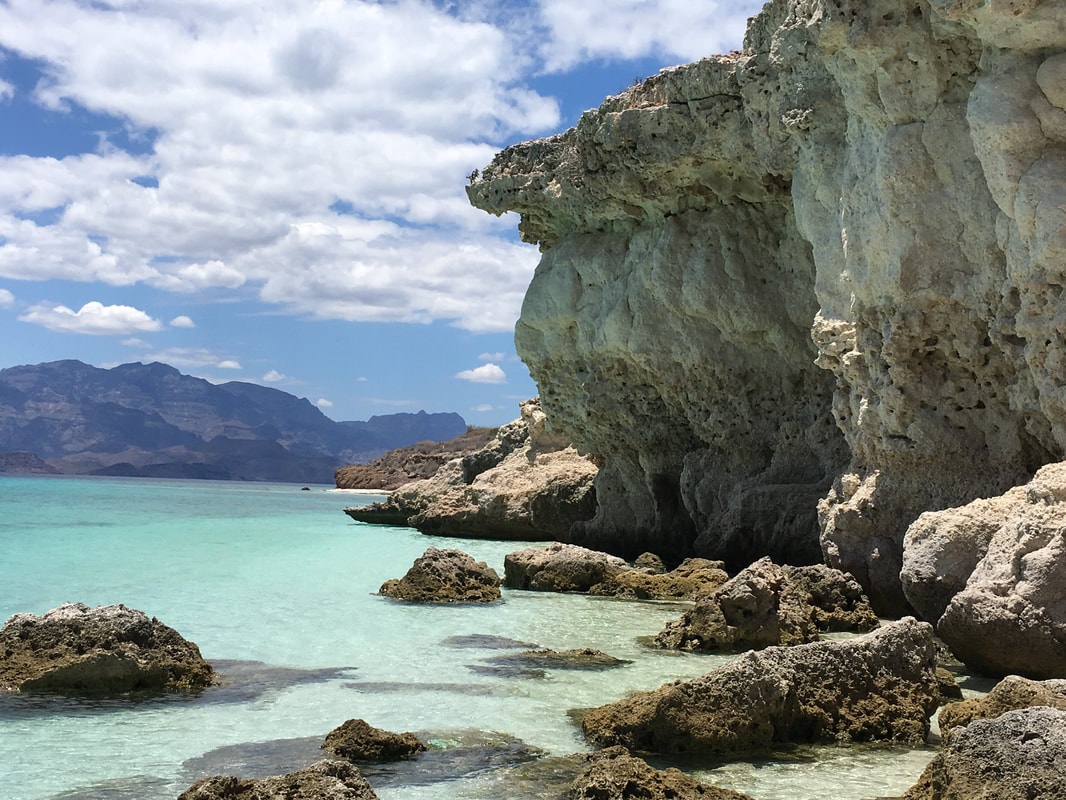 Pale weathered limestone cliff face rising over crystal turquoise water with a rocky shore and sierra mountains in the distance near Loreto