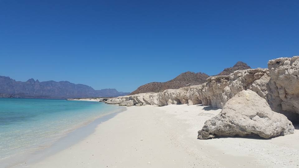Pristine white sand beach with turquoise water and eroded limestone rock formations on a Loreto island tour